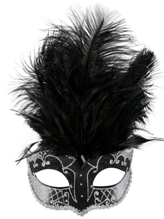 Carmela Black & Silver With Feathers Eye Mask
