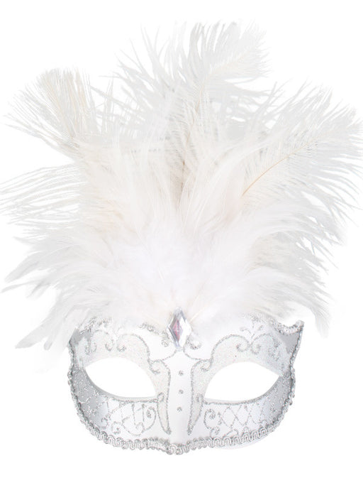 Carmela White & Silver With Feather Eye Mask