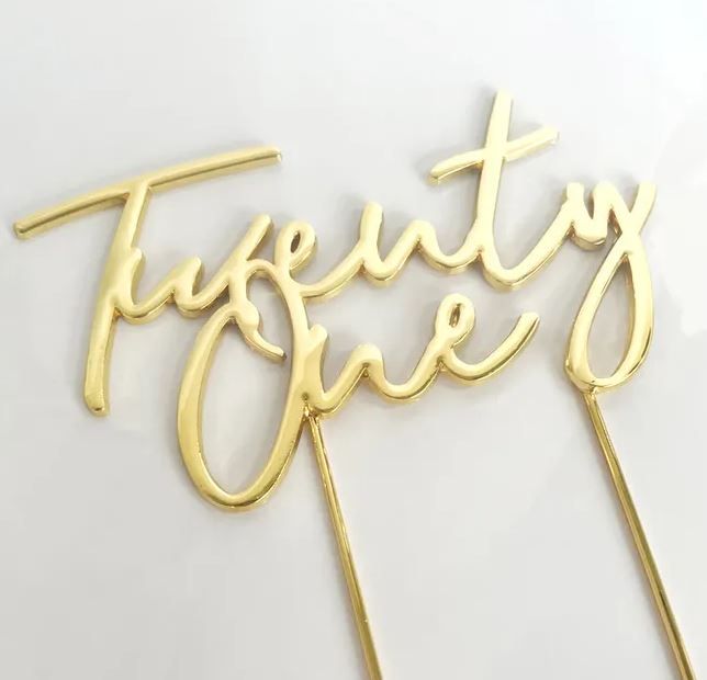 'Twenty One'  Metal Cake Topper, Gold, Rose gold Or Silver