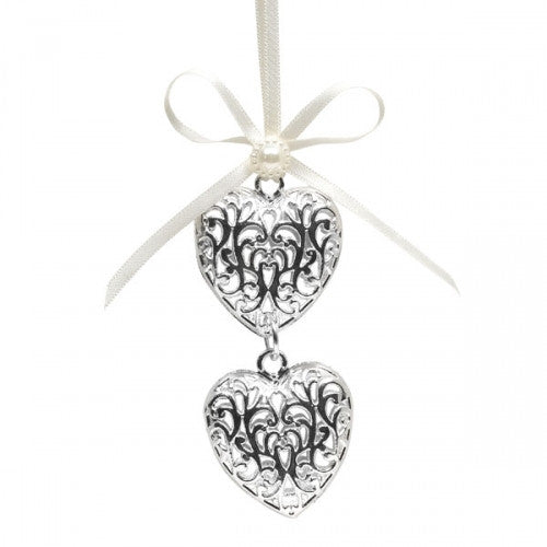 DOUBLE HEART WITH BOW WEDDING CHARM SILVER