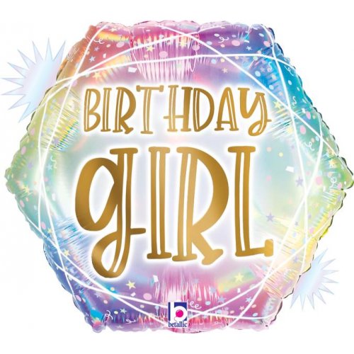 "Birthday Girl" Hexagon Opal Pastel Themed Holographic 18" Foil Balloon