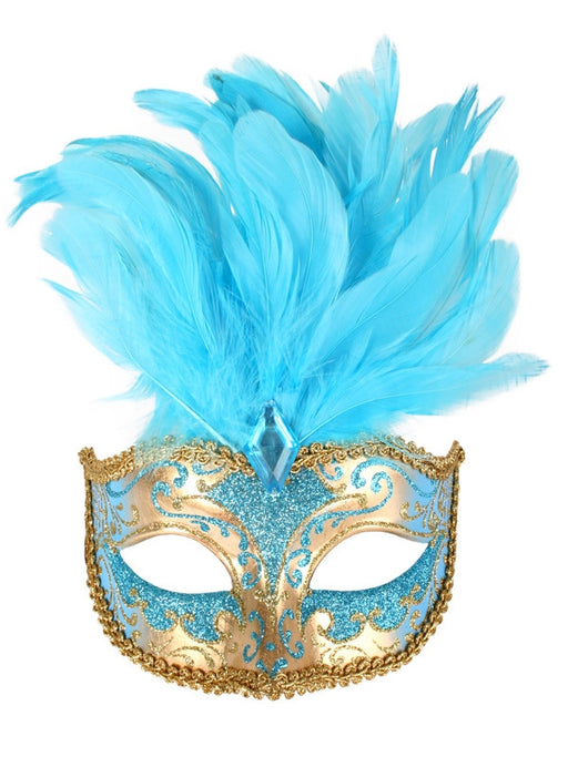 Eye Mask Isabella - Aqua & Gold With Feathers
