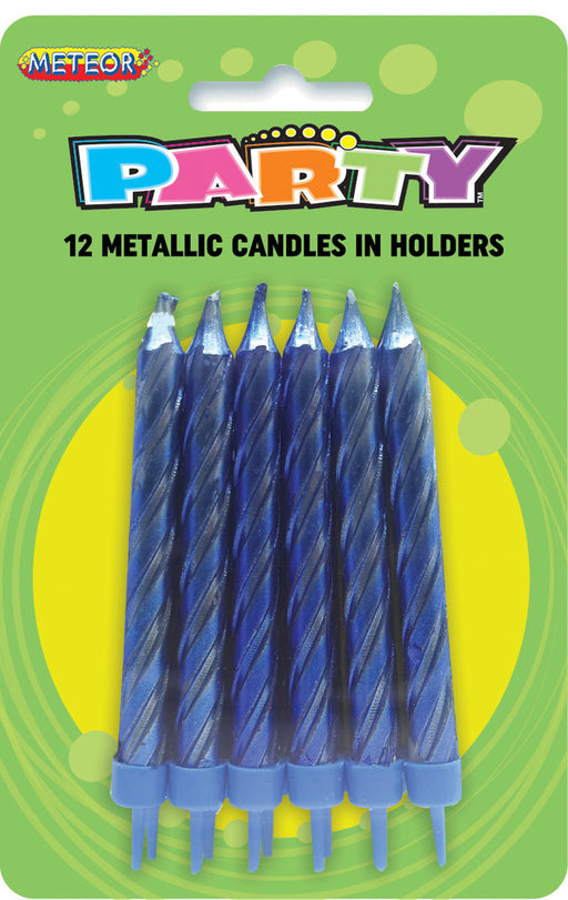 Candles Royal Blue Metallic 12 Pack With Holders