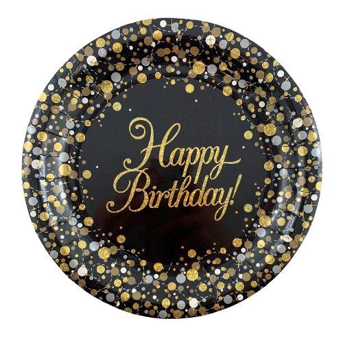 Happy Birthday Sparkling Fizz Black Gold 9" 23cm Plate Pack Of 8