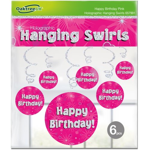 Hanging Swirl 'Happy Birthday' Holographic Pink