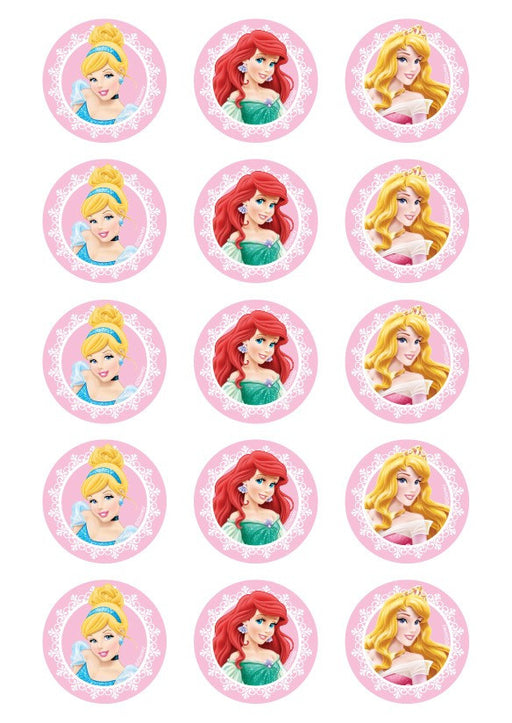 Disney Princess - Cinderella, Ariel, Aurora 2 Inch/5cm Cupcake Image Sheet - 15 Per Sheet