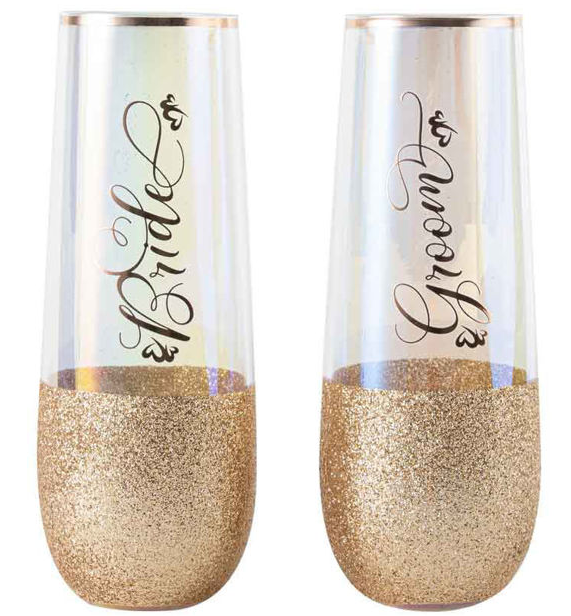 Bride And Groom Stemless Champagne Glass