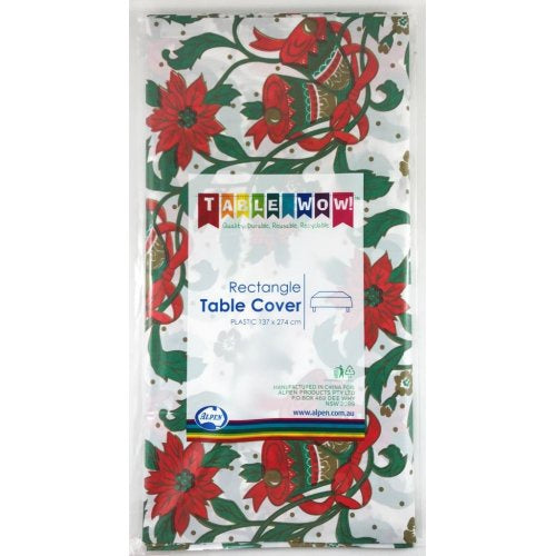 Tablecover Plastic Rectangle- Christmas Printed Poinsettia & Bells