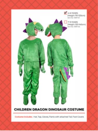 Children's Dragon Dinosaur Costume 4-6 Years