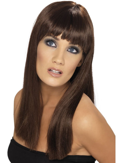 Glamourama Wig Long Brown  Long, Straight with Fringe
