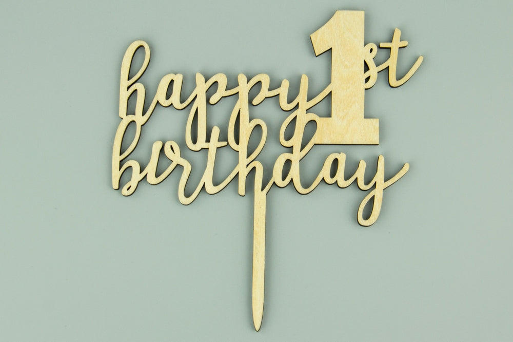 Happy 1st Birthday Wood Look Acrylic Cake Topper