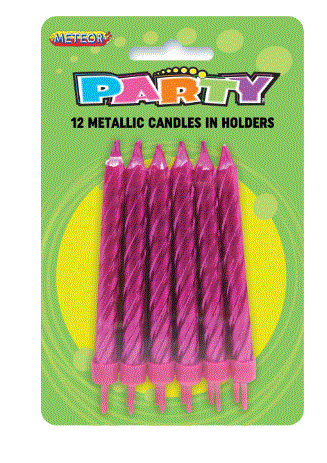 Metallic Hot Pink Candles 12 Pack With Holders