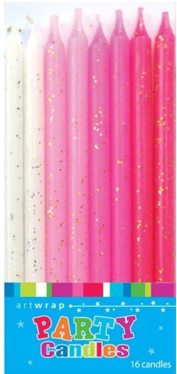 Candles 16pk 12cm Glitter Pink