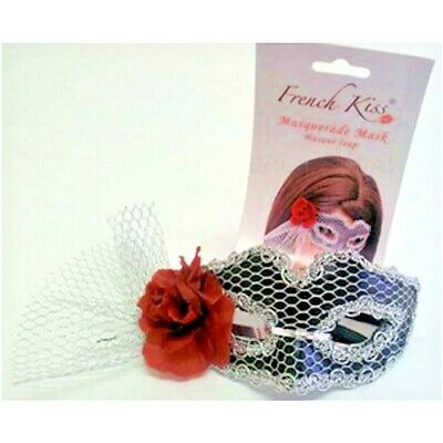 Masquerade French Kiss Mask Silver Red Flower Mesh Trim