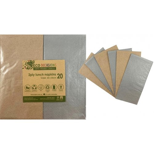 Napkins Lunch 1/8 foldMetallic Silver & Kraft P20x10