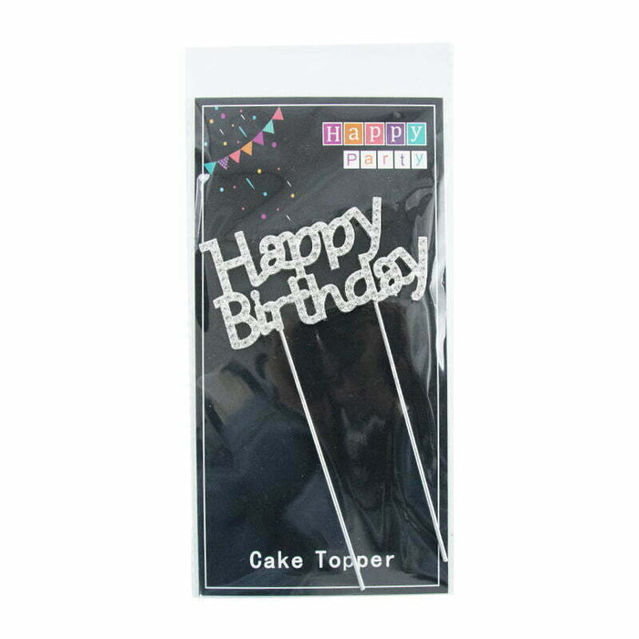 Happy Birthday Silver Diamante Cake Topper